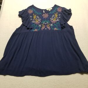 Haptics Plus 1X Top Blouse Blue Blouse With Embroidered Flower Bohemian Festival